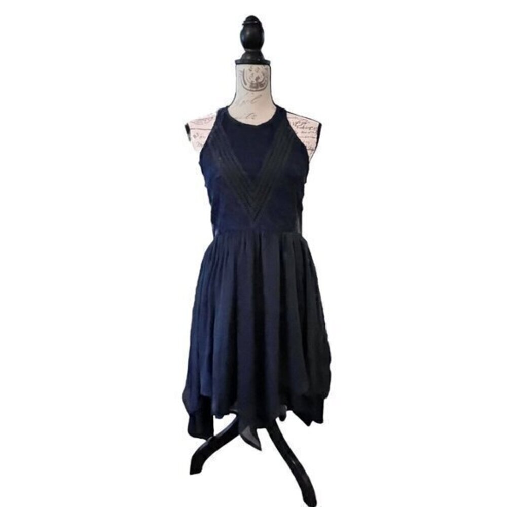 Abercrombie & Fitch Lace Chiffon Dress Sleeveless Mesh Sides Size S Navy Party - Picture 7 of 16
